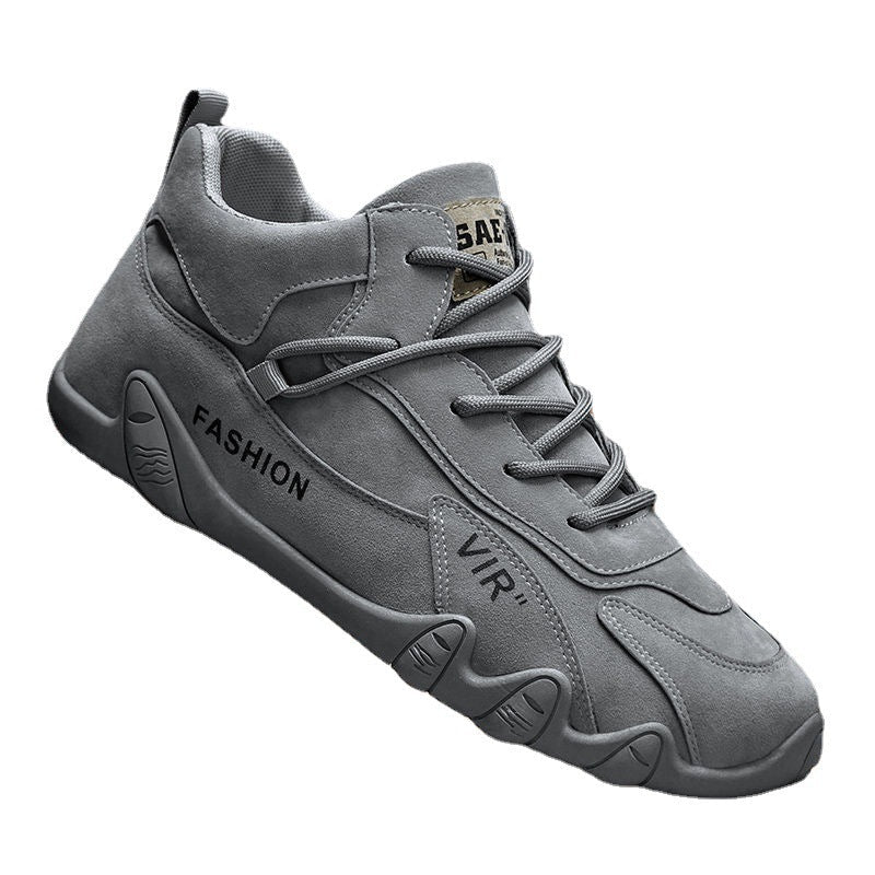 Grey synthetic leather Martin boots with "FASHION" and "VIR" text.