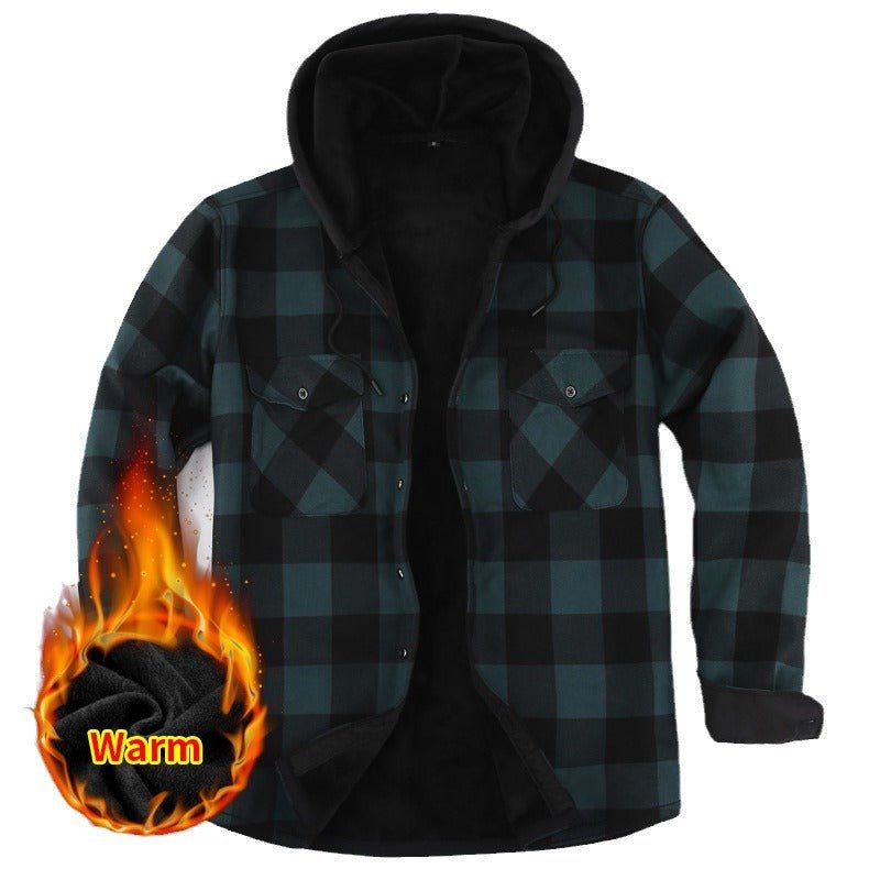Men's Fleece-Lined Hooded Plaid Shirt with Warm Fire Symbol, Polyester