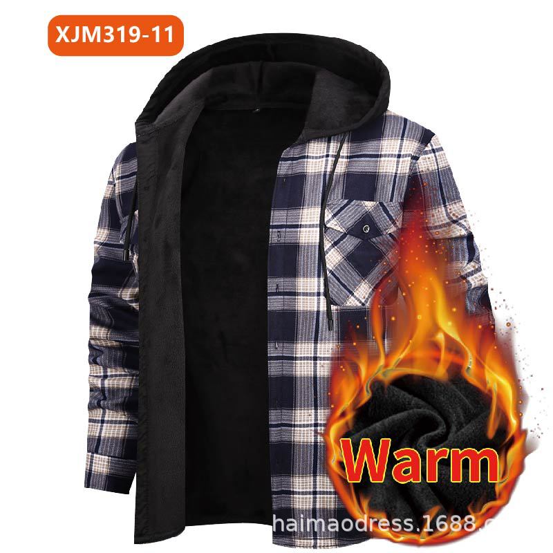 Men's Fleece-Lined Hooded Plaid Shirt in blue and white with warm lining