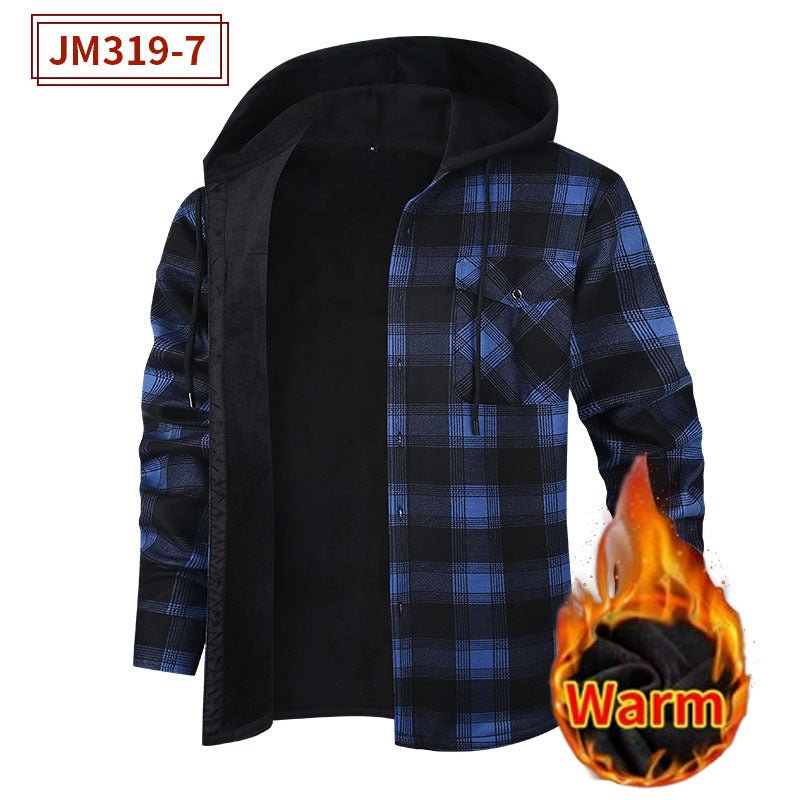 Men's Fleece-Lined Hooded Plaid Shirt in blue and black, featuring warm interior, style code JM319-7, polyester material.