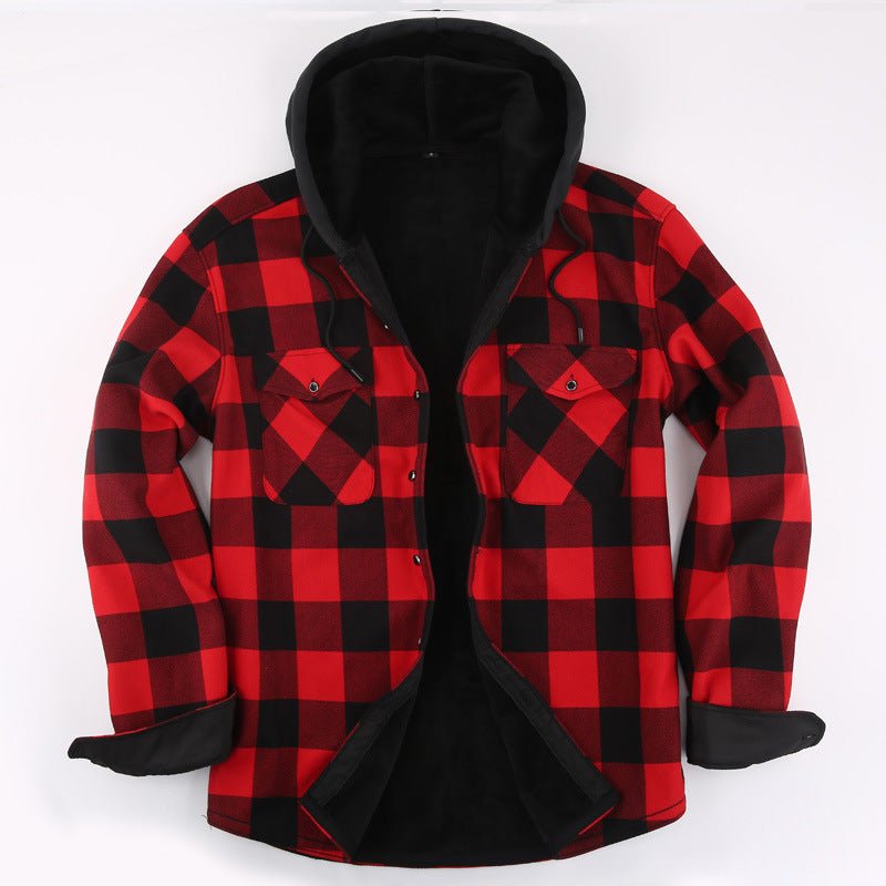 Men's Fleece-Lined Hooded Plaid Shirt in red and black checks