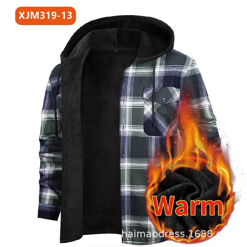 Men's Fleece-Lined Hooded Plaid Shirt in black and white with warm interior, polyester material