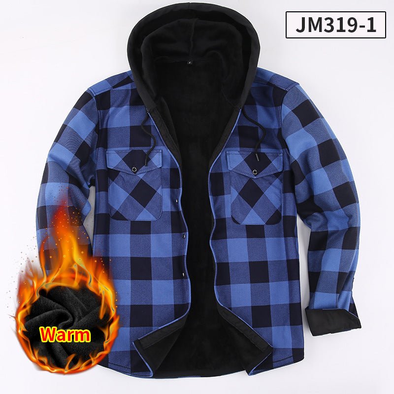 Men's Fleece-Lined Hooded Plaid Shirt in blue, polyester material, warm inner lining, product style JM319-1
