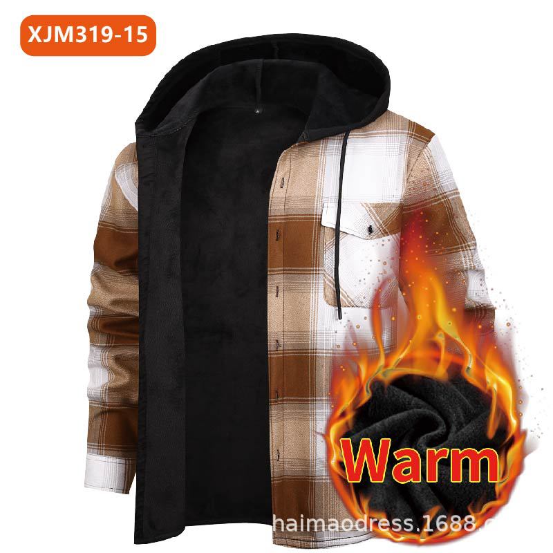 Men's Fleece-Lined Hooded Plaid Shirt with Warm Polyester Material