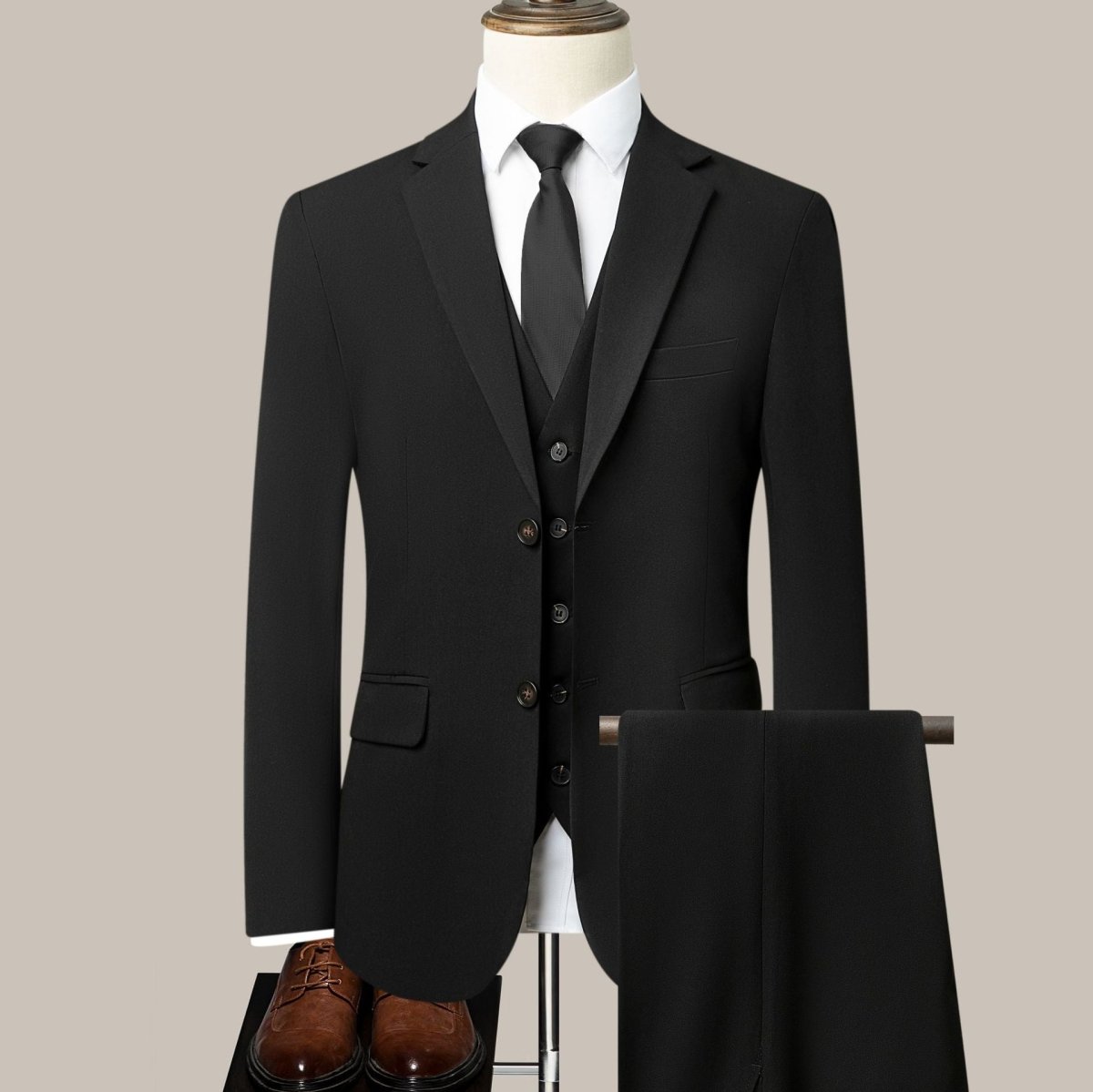 Men's Slim Fit Business Suit in black with stretch fabric, versatile for professional or casual settings, with tie and shoes.