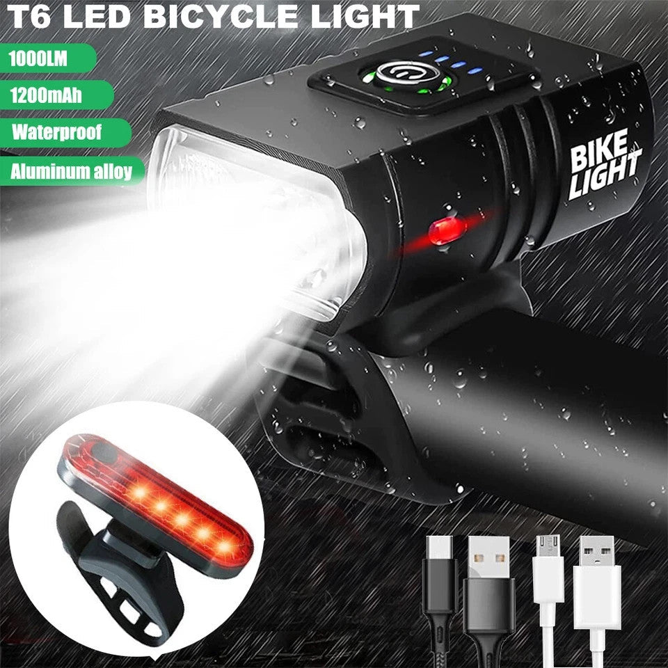 Mountain Bike Lights USB Rechargeable Bicycle T6 LED Torch Front Rear Lamp Set - DoubleJoy Store