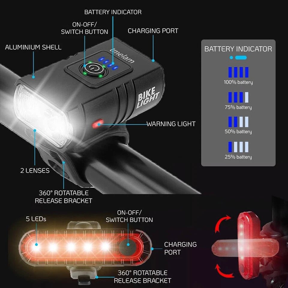 Mountain Bike Lights USB Rechargeable Bicycle T6 LED Torch Front Rear Lamp Set - DoubleJoy Store