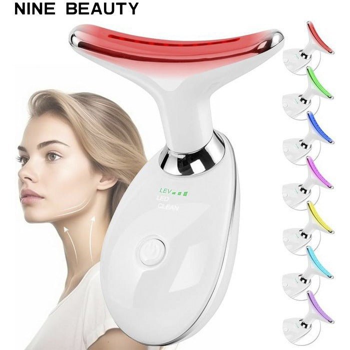 White neck beautification device with a curved LED head shown next to a woman and color options.