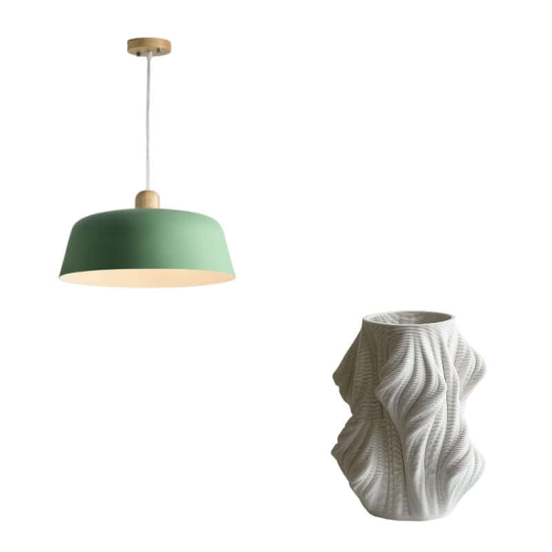 Nordic Wood Pendant Light in green beside a textured white vase, showcasing modern home décor style.