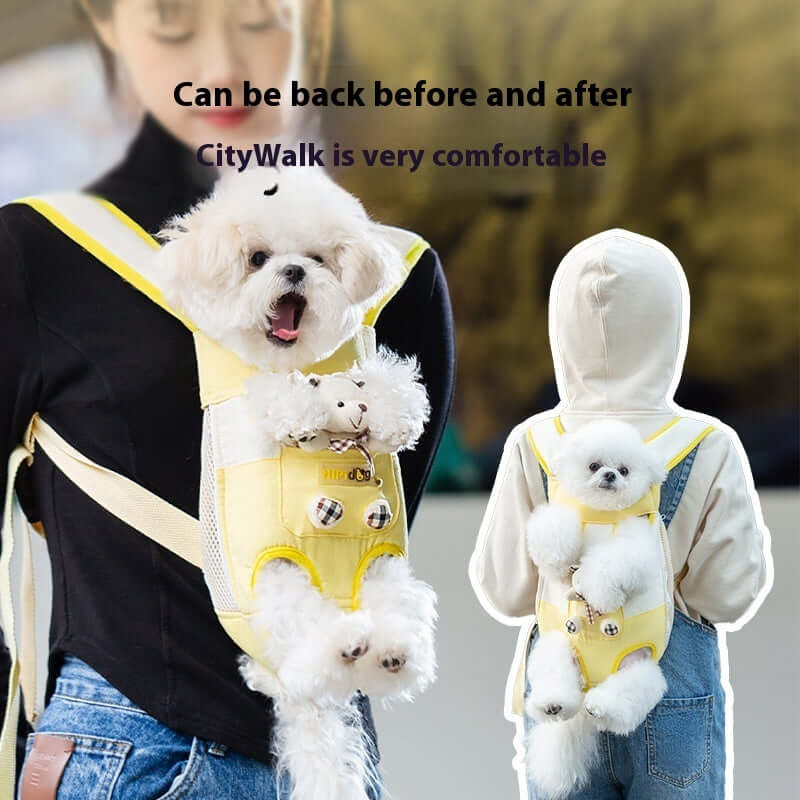 Pet carrier for cats and small dogs, adjustable and foldable, in use with a comfortable design for pets.
