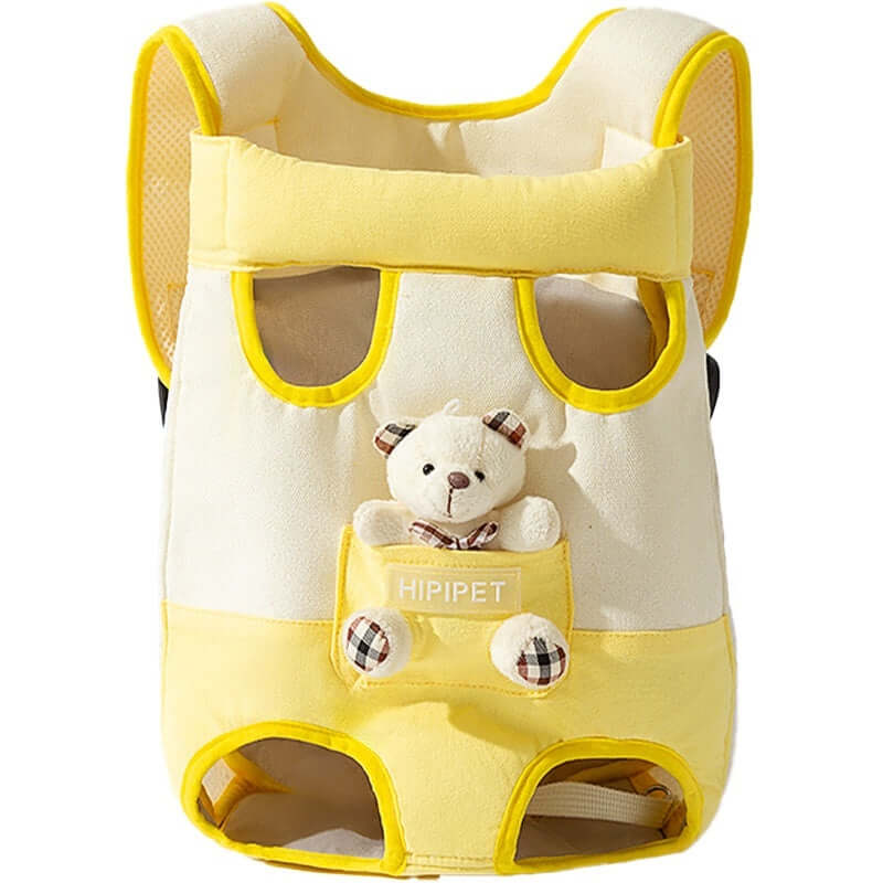 Pet carrier for cats and small dogs with adjustable straps and cute teddy bear feature in yellow.