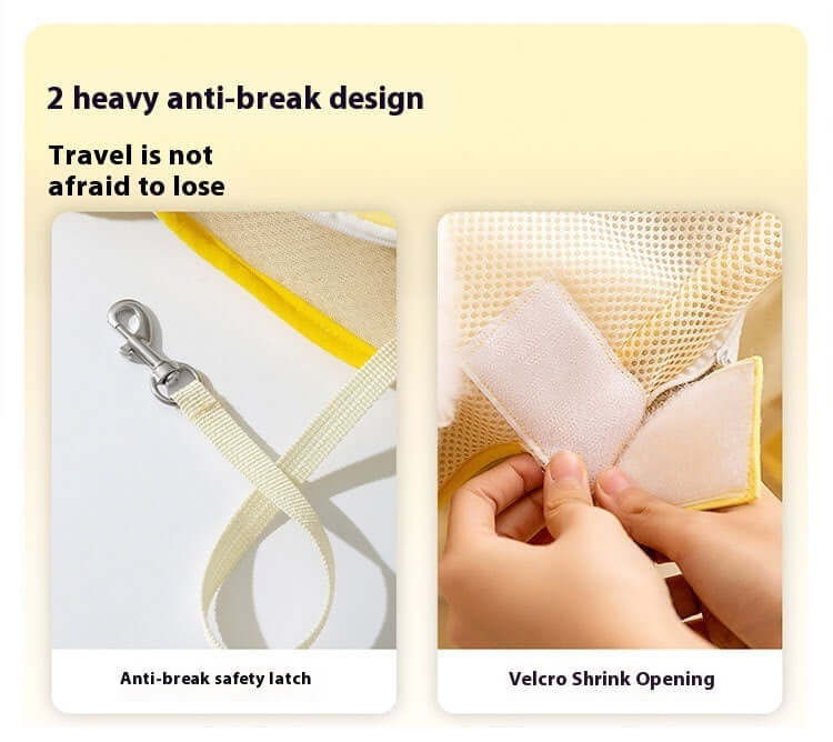 Pet carrier anti-break safety latch and Velcro shrink opening for secure travel.