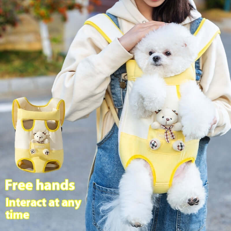 Pet carrier allows free hands interaction at any time.