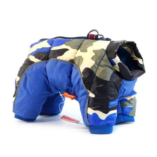 Pet Winter Down Jacket for dogs, thick warm cotton coat in blue, camouflage design, perfect for small pets in cold weather.
