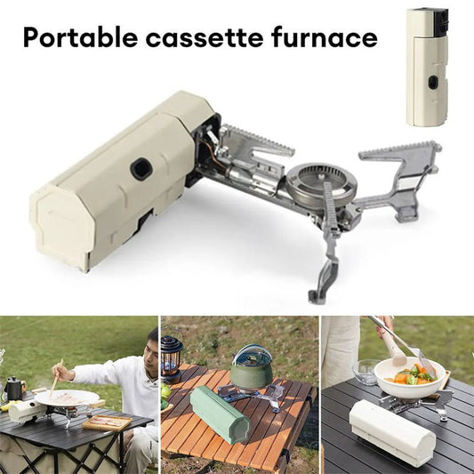 Portable Camping Gas Stove for outdoor cooking, foldable, for camping and hiking. Lightweight aluminum alloy construction.