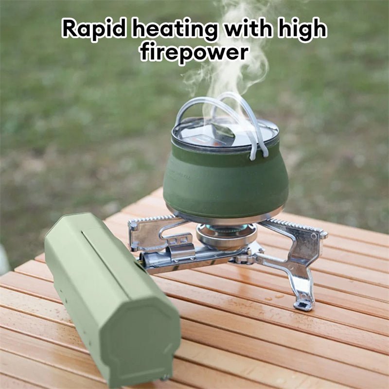 Portable Camping Gas Stove with pot on wooden table, showcasing rapid heating and high firepower for outdoor cooking.