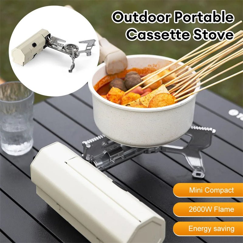 Portable Camping Gas Stove on table with cooking pot, foldable design, for outdoor hiking and BBQ cooking, energy saving.