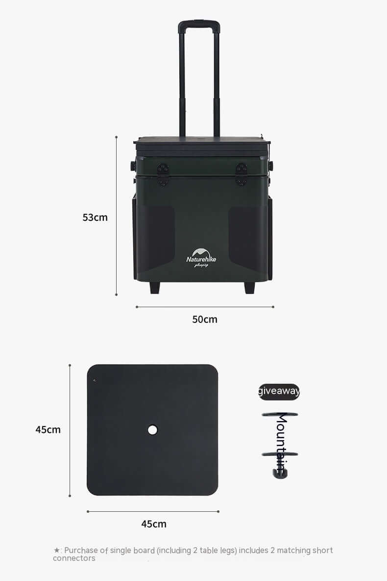 Dimensions of the Portable Outdoor Mobile Kitchen showing height, width, and components.
