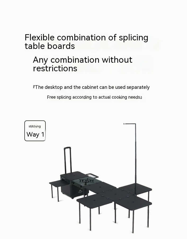 Portable Outdoor Mobile Kitchen flexible splicing table boards with adjustable setup options.