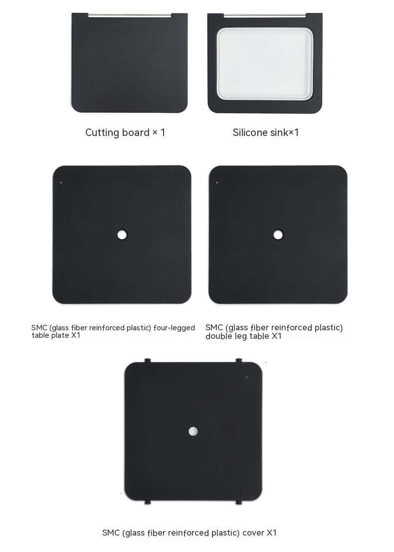 Components of Portable Outdoor Mobile Kitchen including cutting board, silicone sink, and SMC table plates.