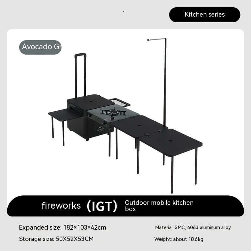 Portable Outdoor Mobile Kitchen setup for camping and backyard cooking, featuring multiple surfaces and storage compartments.