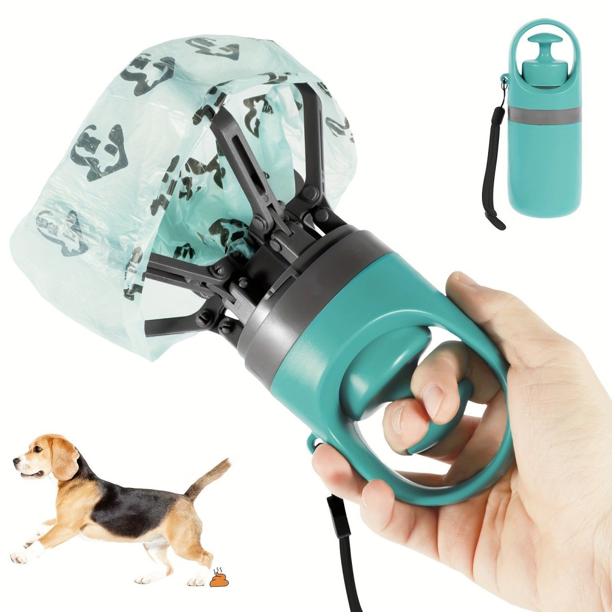 A hand holds a teal and gray portable six-claw dog waste picker with a patterned plastic bag attached.