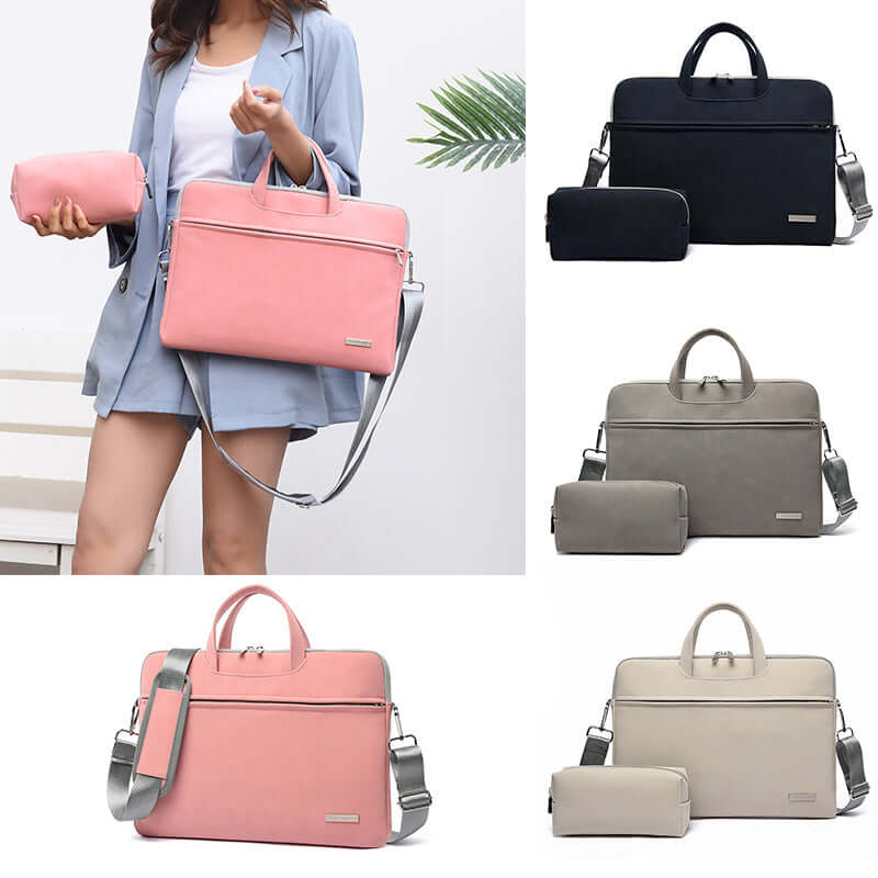 Pink and grey PU Leather Laptop Bags – Unisex Briefcase for MacBook & Notebooks, stylish & waterproof with additional pouch.