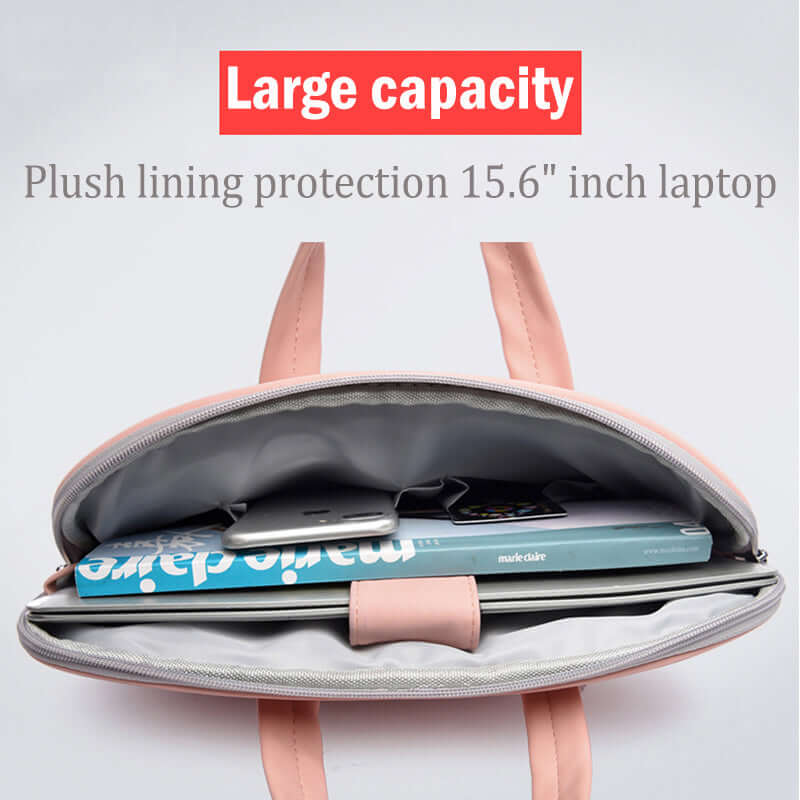 PU Leather Laptop Bag with large capacity and plush lining for 15.6 inch laptop, interior design and protection features.