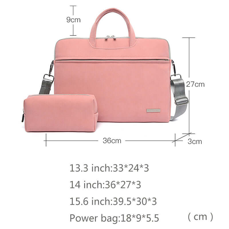 Pink PU Leather Laptop Bag – Unisex Briefcase for MacBook & Notebooks with dimensions and additional pouch