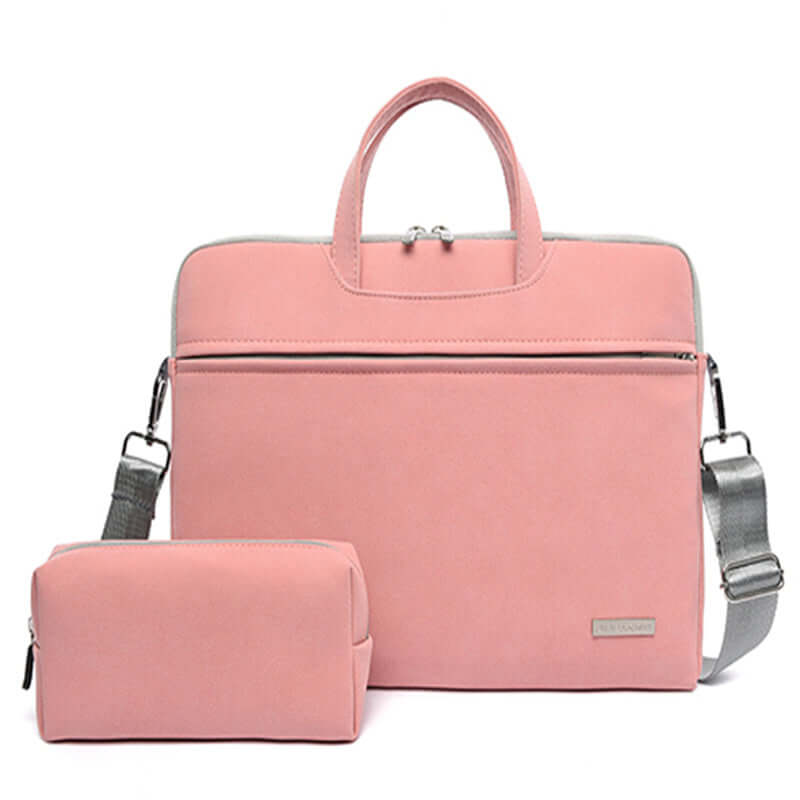 PU Leather Laptop Bag in pink, unisex briefcase for MacBook and notebooks, features waterproof material and stylish design.