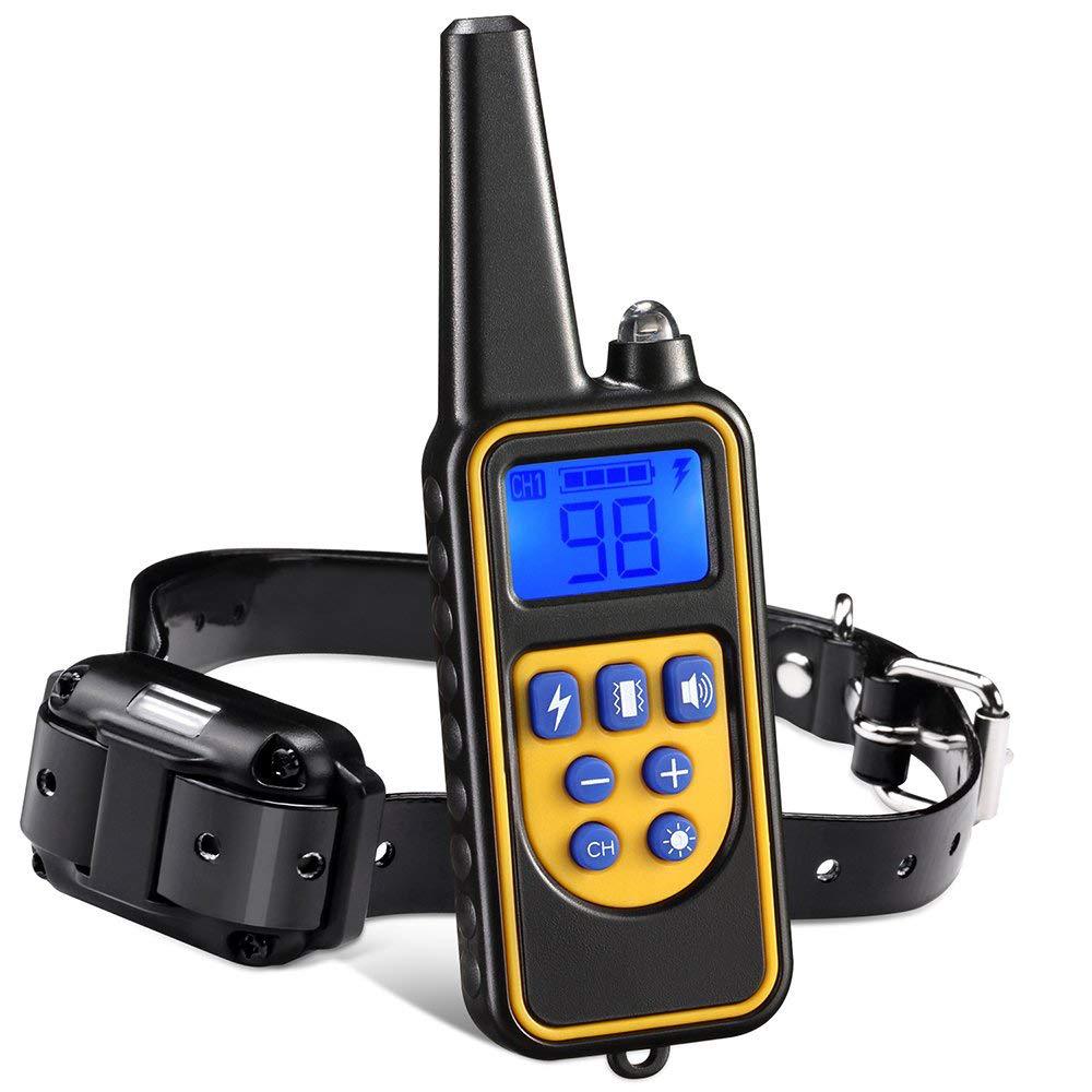Rechargeable dog training collar with a handheld remote featuring a digital display and yellow trim.