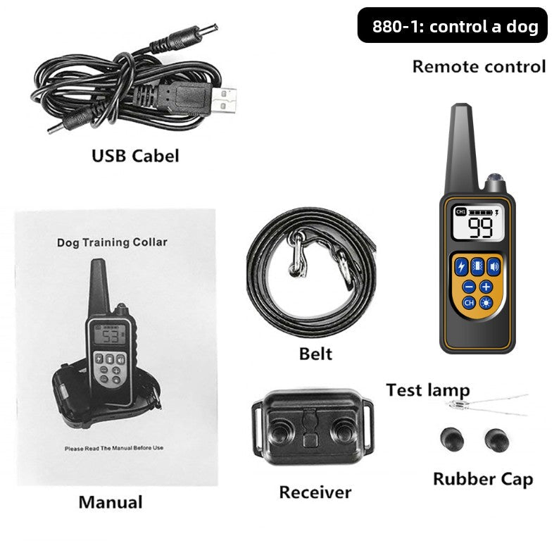 A rechargeable dog training collar kit with a remote, receiver, belt, and charging cable.