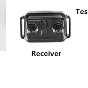 Black rectangular rechargeable dog training collar receiver with two contact points and side strap loops.