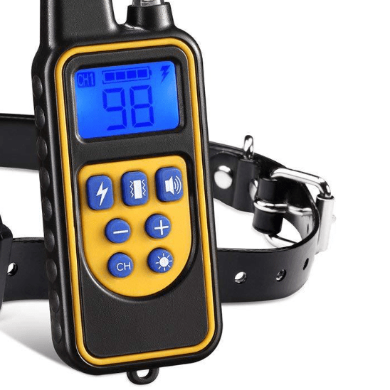 Rechargeable dog training collar remote with a blue LCD screen and yellow faceplate next to a black collar.