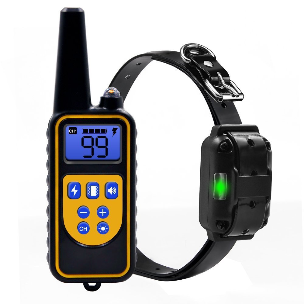 Rechargeable dog training collar with a handheld remote featuring a blue LCD screen and yellow buttons.