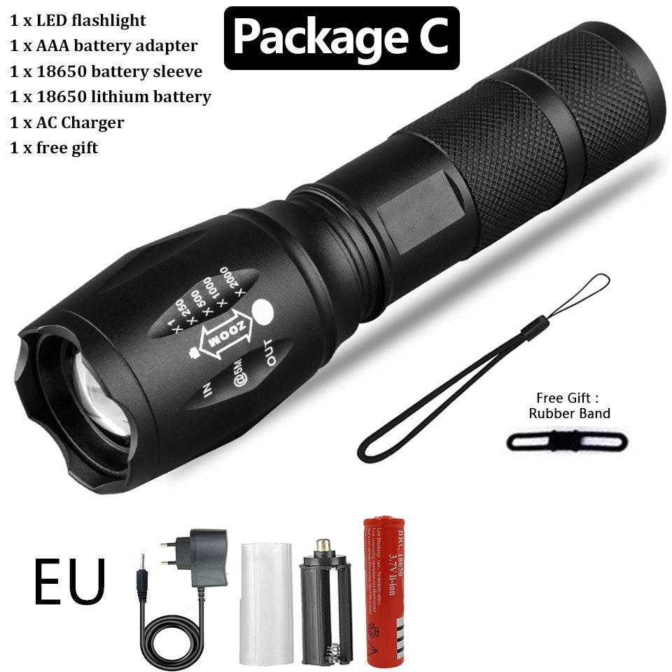 Rechargeable LED Flashlight package with accessories, including battery adapters and charger, Package C, black aluminum alloy
