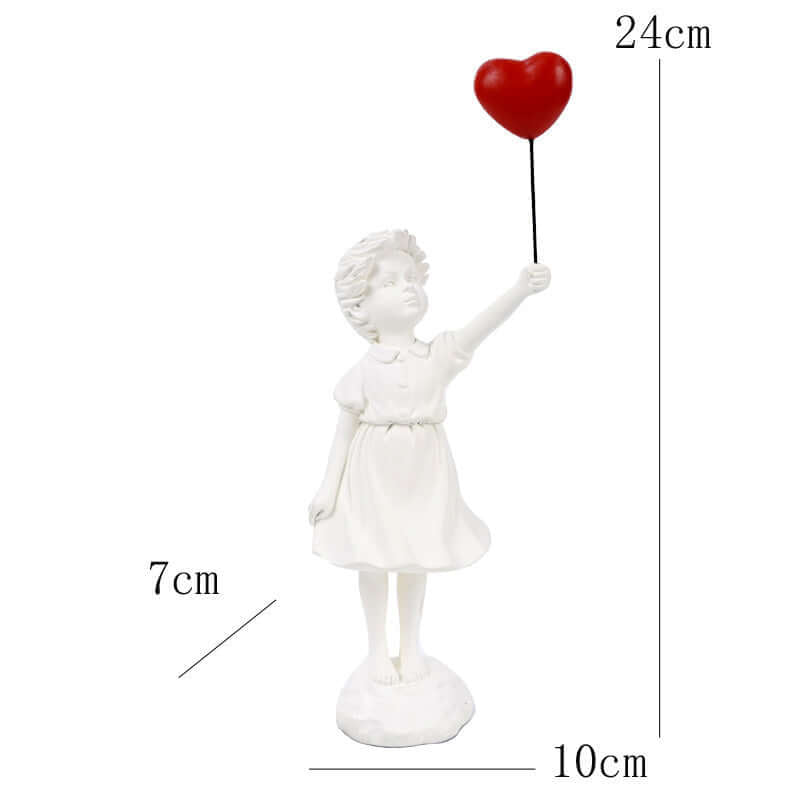 Resin Balloon Girl Sculpture with red heart balloon, modern art decor for living room, dimensions 24cm x 10cm x 7cm.