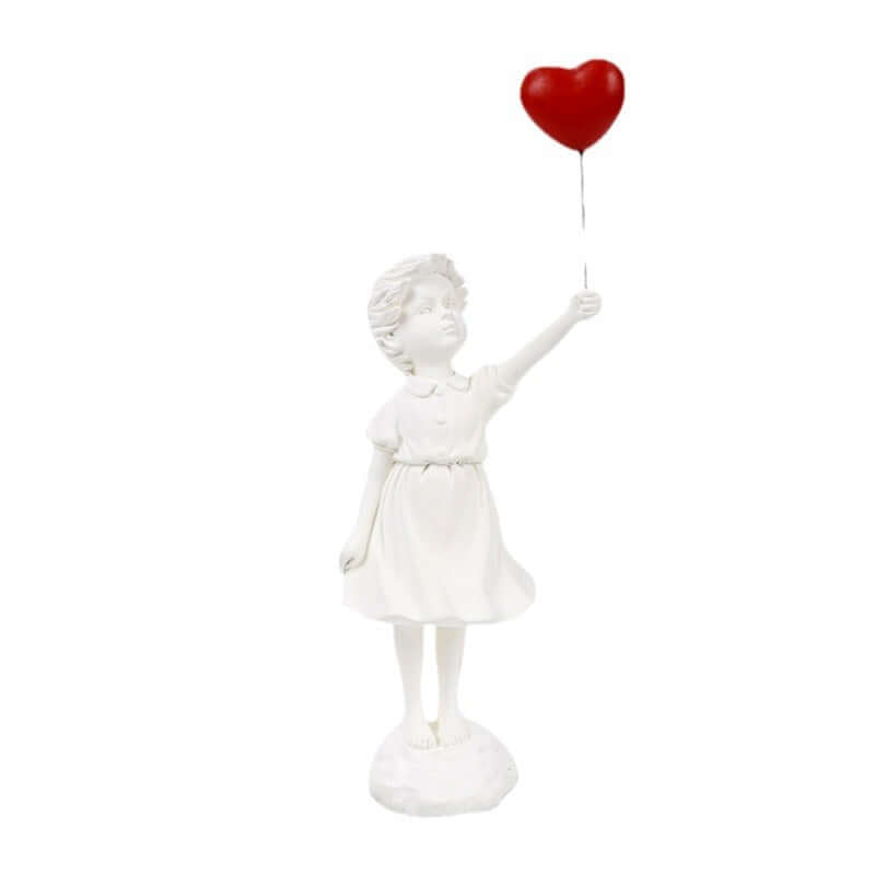 Resin Balloon Girl Sculpture holding a red heart balloon, modern decorative art for living room, elegant & whimsical design.