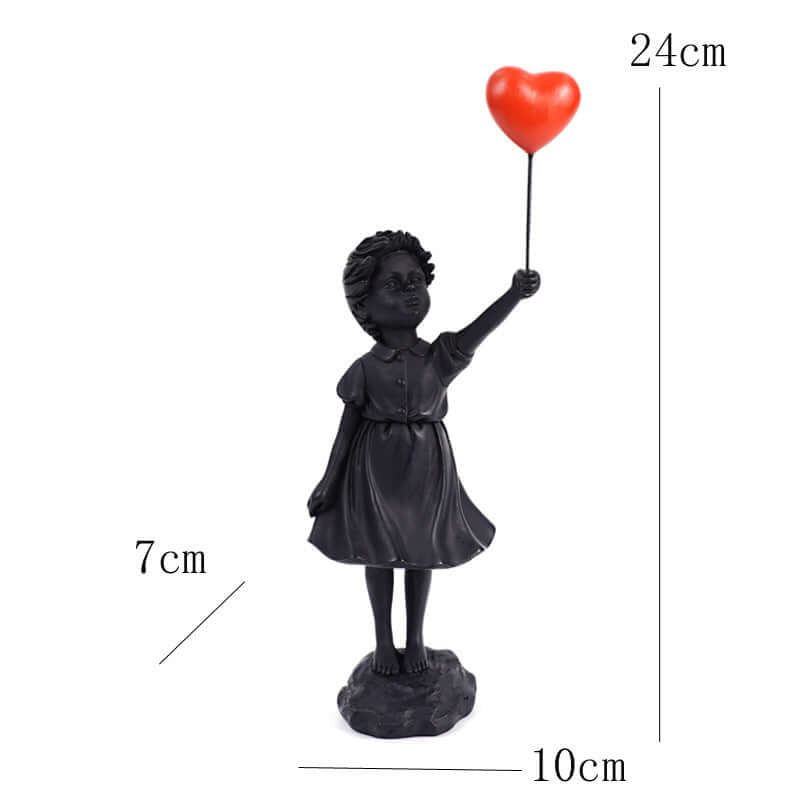 Resin Balloon Girl Sculpture with heart balloon, black resin decorative art for modern living room.