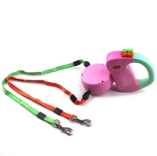 Retractable Dual Dog Leash with colorful handle and tangle-free nylon leads for two pets