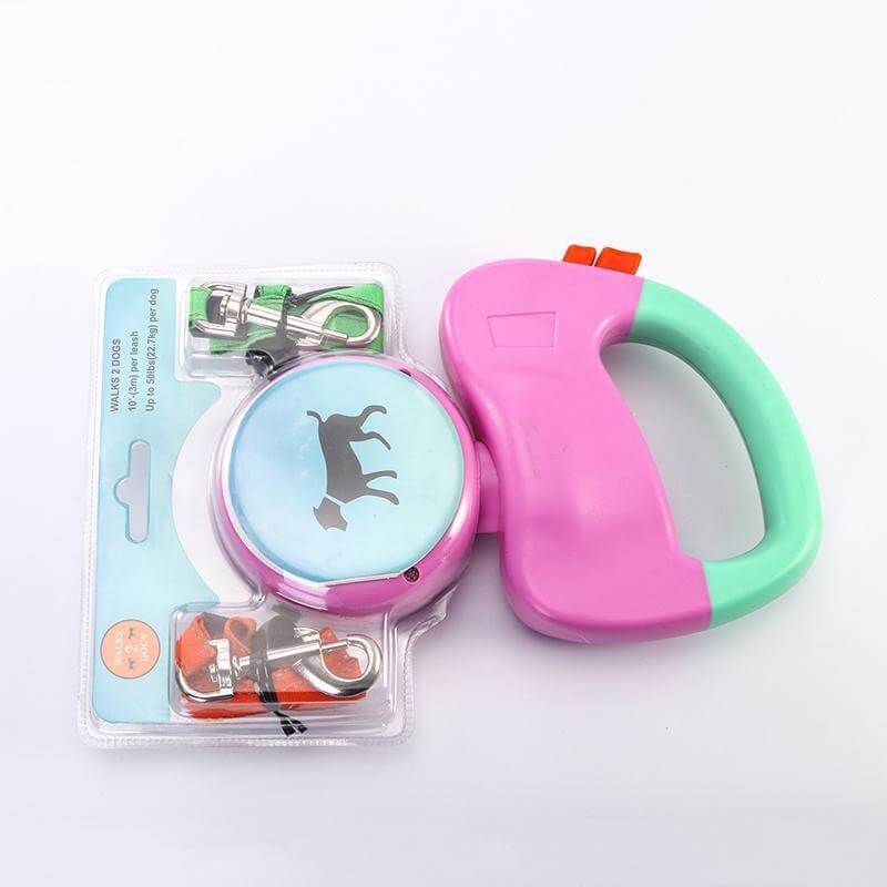 Retractable Dual Dog Leash with ergonomic handle and bright colors for tangle-free walks.