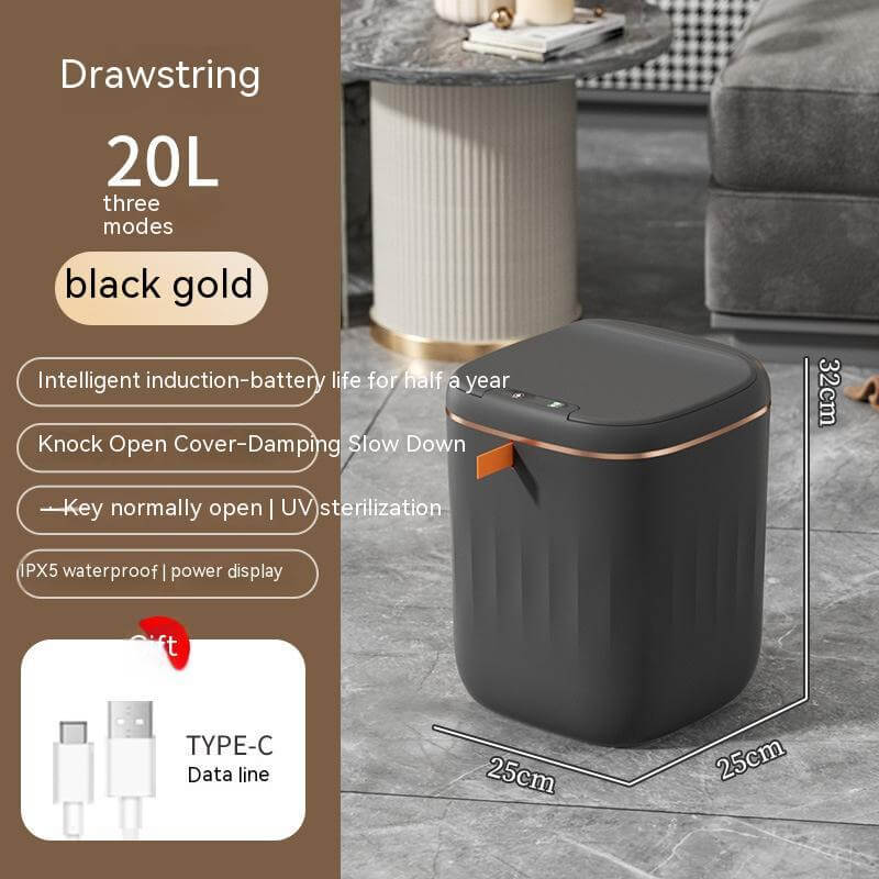 Smart Trash Dustbin with Automatic Lid in Black Gold, UV sterilization, waterproofing, & hands-free operation, 20L capacity.