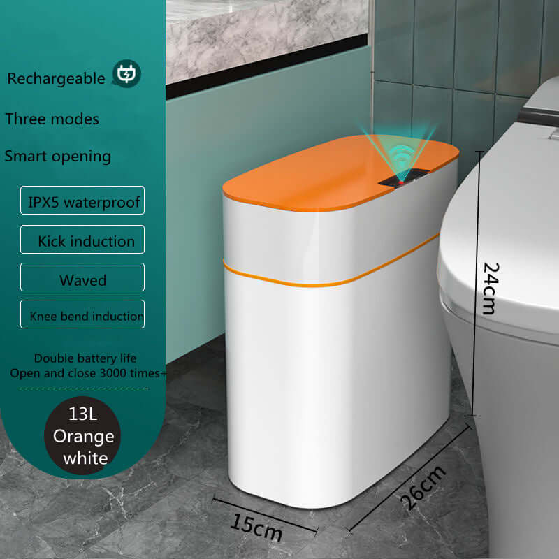Smart Trash Dustbin with orange lid in a bathroom, featuring automatic induction, waterproof and deodorization functions.