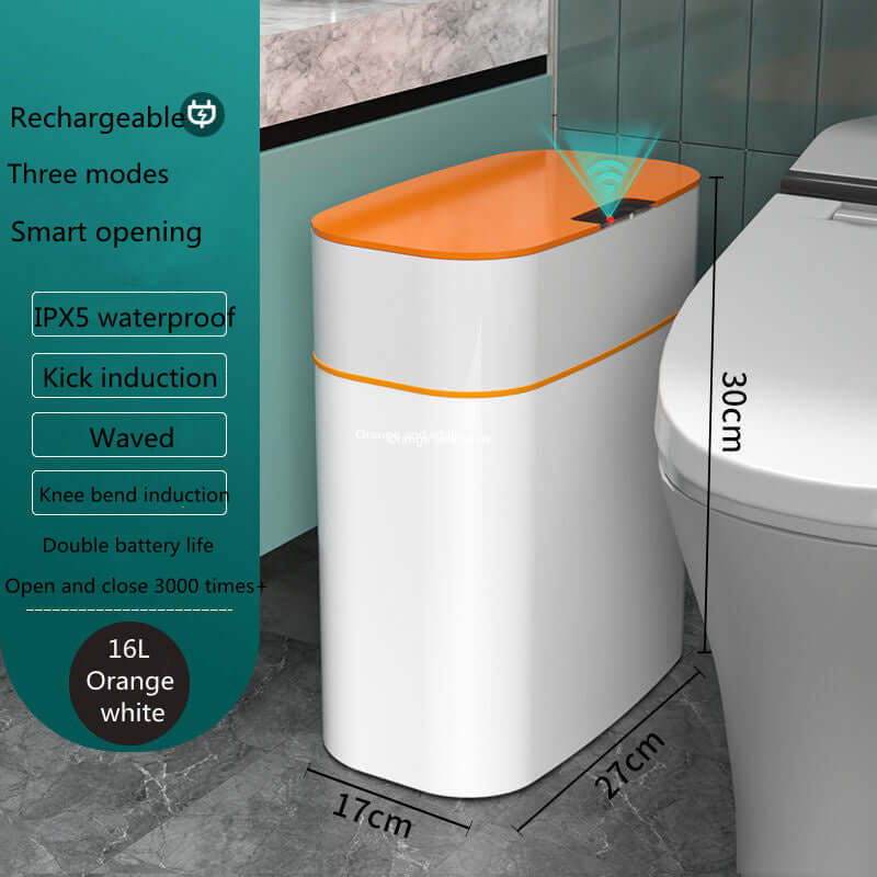 Smart Trash Dustbin with automatic lid for bedroom, kitchen, car; waterproof, rechargeable; orange-white design