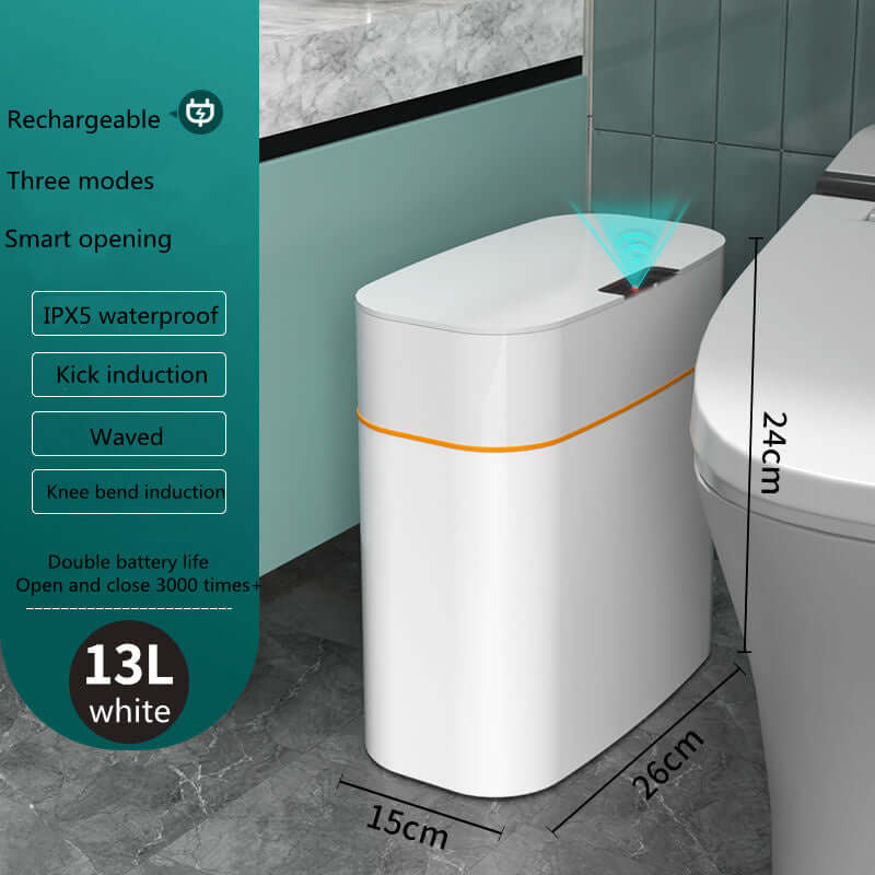 Smart Trash Dustbin with Automatic Lid in bathroom setting, featuring IPX5 waterproof and smart opening functions.
