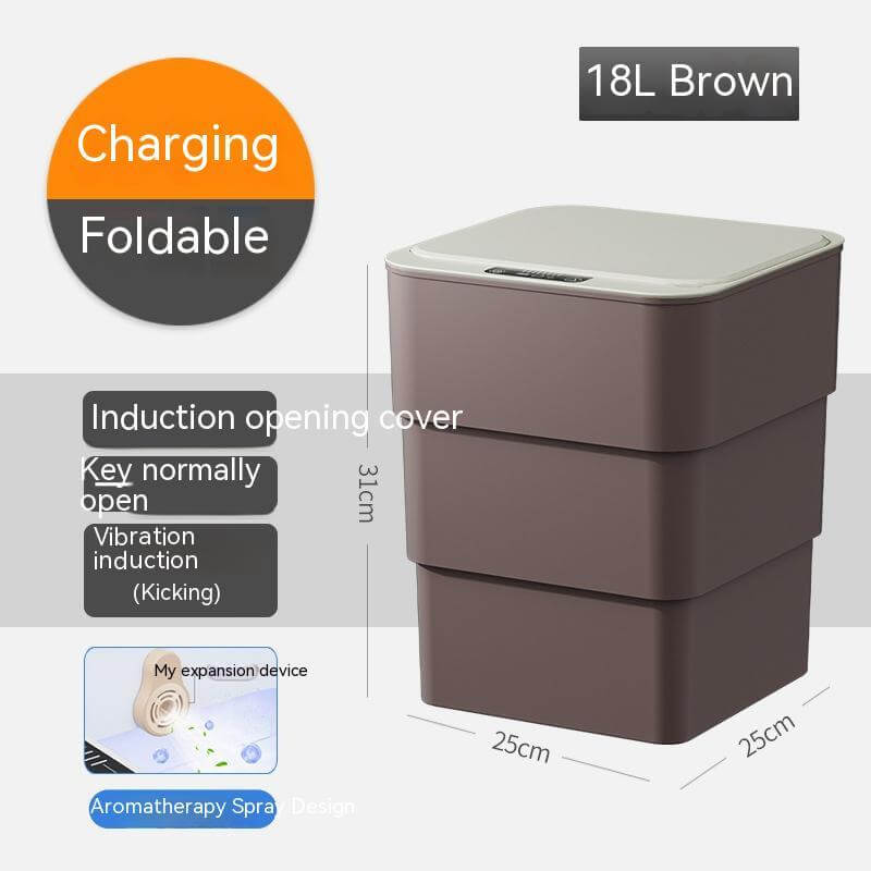 Smart Trash Dustbin with automatic lid, foldable design, brown, for bedroom, kitchen, car use. Feature induction technology.