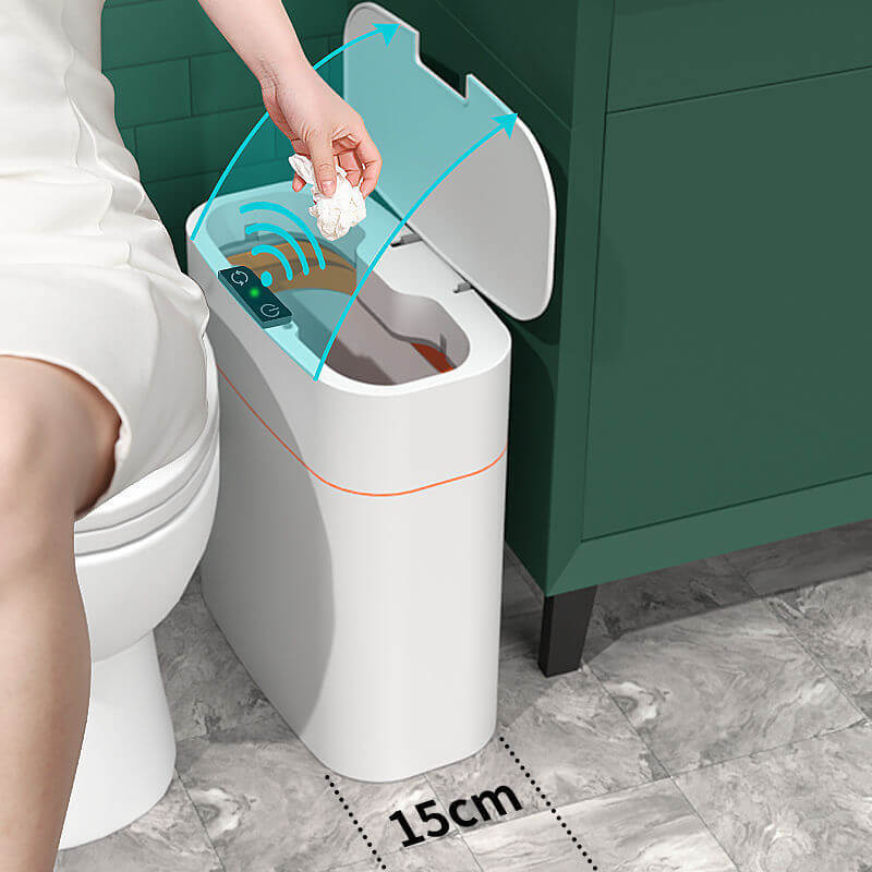 Smart Trash Dustbin with Automatic Lid in bathroom showing hands-free operation and automatic sensor