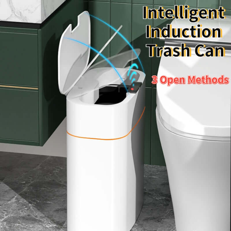Smart Trash Dustbin with automatic lid in bathroom setting, hands-free induction opening and multifunctional protection.