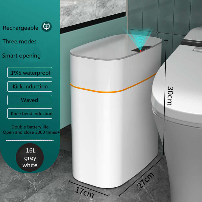 Smart Trash Dustbin with automatic lid in bathroom setting, waterproof, induction opening, and UV sterilization benefits.