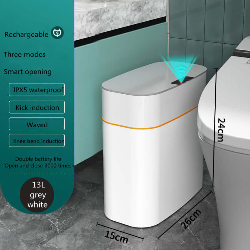 Smart Trash Dustbin with automatic lid, 13L capacity in grey-white, suitable for bathroom or kitchen use.